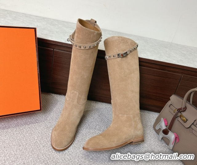 Good Looking Hermes Jumping High Flat Boots in Suede with Studded Kelly Buckle Strap Beige 1220022 2026