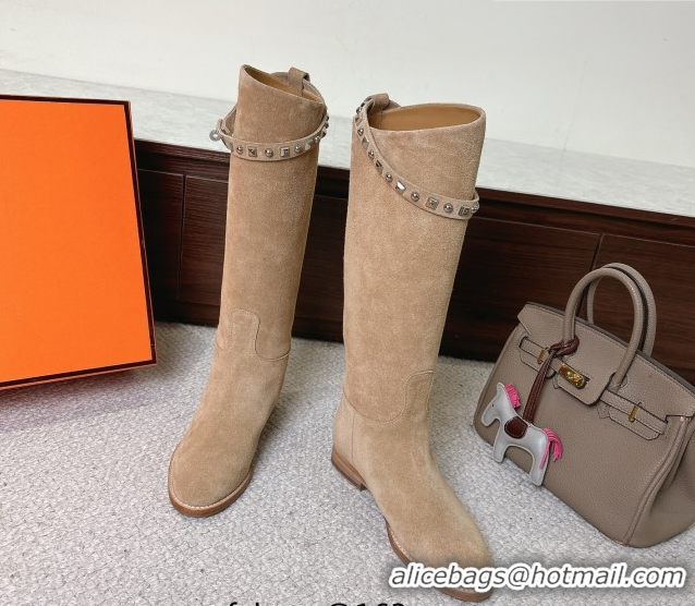 Good Looking Hermes Jumping High Flat Boots in Suede with Studded Kelly Buckle Strap Beige 1220022 2026