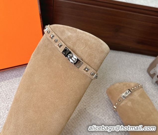 Good Looking Hermes Jumping High Flat Boots in Suede with Studded Kelly Buckle Strap Beige 1220022 2026