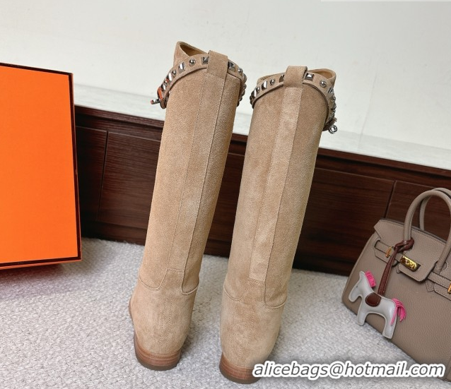 Good Looking Hermes Jumping High Flat Boots in Suede with Studded Kelly Buckle Strap Beige 1220022 2026