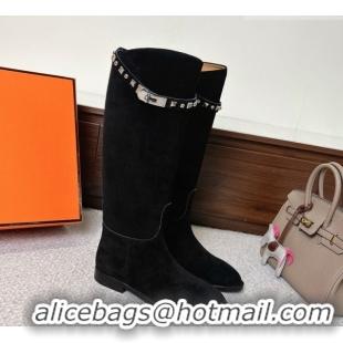 Most Popular Hermes Jumping High Flat Boots in Suede with Studded Kelly Buckle Strap Black 1220023 2026