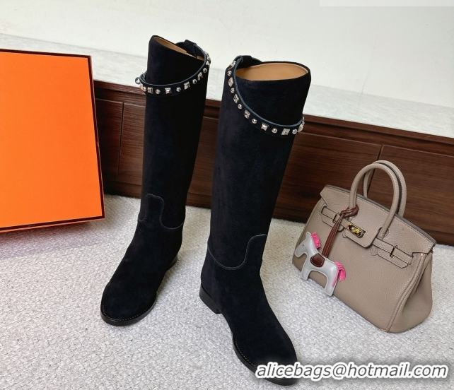 Most Popular Hermes Jumping High Flat Boots in Suede with Studded Kelly Buckle Strap Black 1220023 2026
