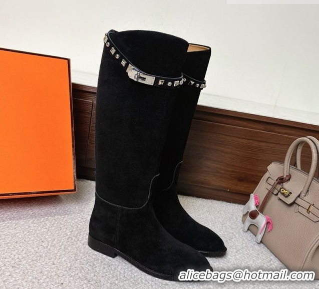 Most Popular Hermes Jumping High Flat Boots in Suede with Studded Kelly Buckle Strap Black 1220023 2026