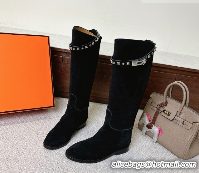 Most Popular Hermes Jumping High Flat Boots in Suede with Studded Kelly Buckle Strap Black 1220023 2026