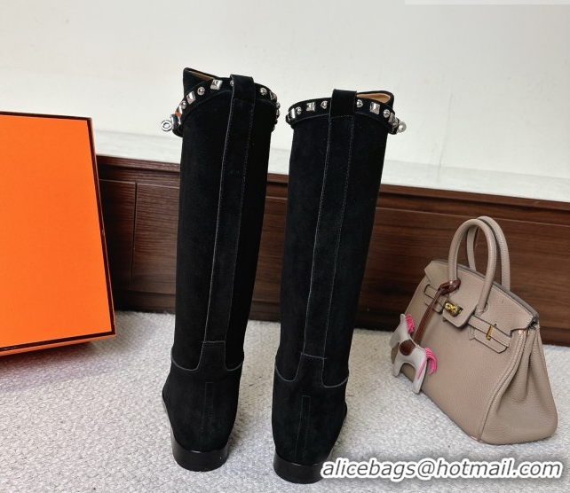 Most Popular Hermes Jumping High Flat Boots in Suede with Studded Kelly Buckle Strap Black 1220023 2026