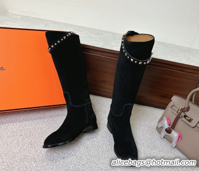 Most Popular Hermes Jumping High Flat Boots in Suede with Studded Kelly Buckle Strap Black 1220023 2026