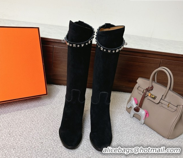 Most Popular Hermes Jumping High Flat Boots in Suede with Studded Kelly Buckle Strap Black 1220023 2026