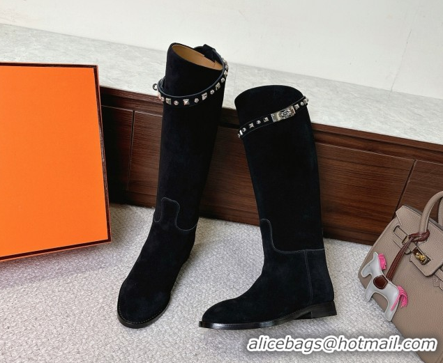 Most Popular Hermes Jumping High Flat Boots in Suede with Studded Kelly Buckle Strap Black 1220023 2026