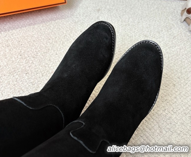 Most Popular Hermes Jumping High Flat Boots in Suede with Studded Kelly Buckle Strap Black 1220023 2026