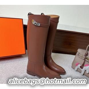 Shop Cheap Hermes Jumping High Flat Boots in Calfskin Leather with Kelly Buckle Strap Brown H102302 1220024 2026