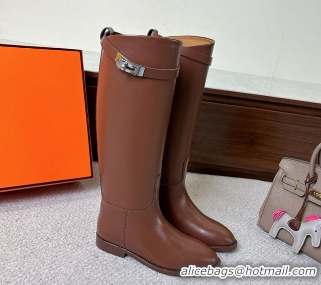 Shop Cheap Hermes Jumping High Flat Boots in Calfskin Leather with Kelly Buckle Strap Brown H102302 1220024 2026