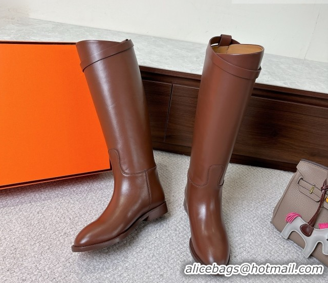 Shop Cheap Hermes Jumping High Flat Boots in Calfskin Leather with Kelly Buckle Strap Brown H102302 1220024 2026