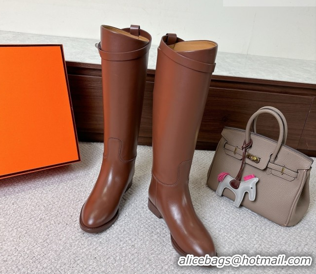 Shop Cheap Hermes Jumping High Flat Boots in Calfskin Leather with Kelly Buckle Strap Brown H102302 1220024 2026