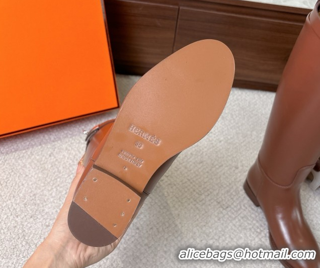 Shop Cheap Hermes Jumping High Flat Boots in Calfskin Leather with Kelly Buckle Strap Brown H102302 1220024 2026