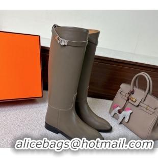 Modern Hermes Jumping High Flat Boots in Calfskin Leather with Kelly Buckle Strap H102302 Grey 2026