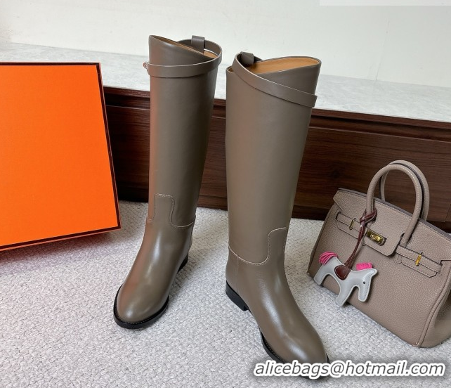 Modern Hermes Jumping High Flat Boots in Calfskin Leather with Kelly Buckle Strap H102302 Grey 2026