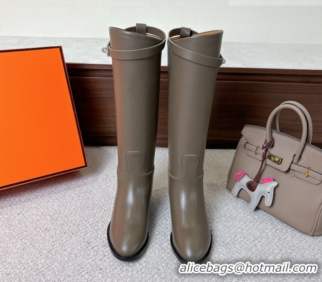 Modern Hermes Jumping High Flat Boots in Calfskin Leather with Kelly Buckle Strap H102302 Grey 2026