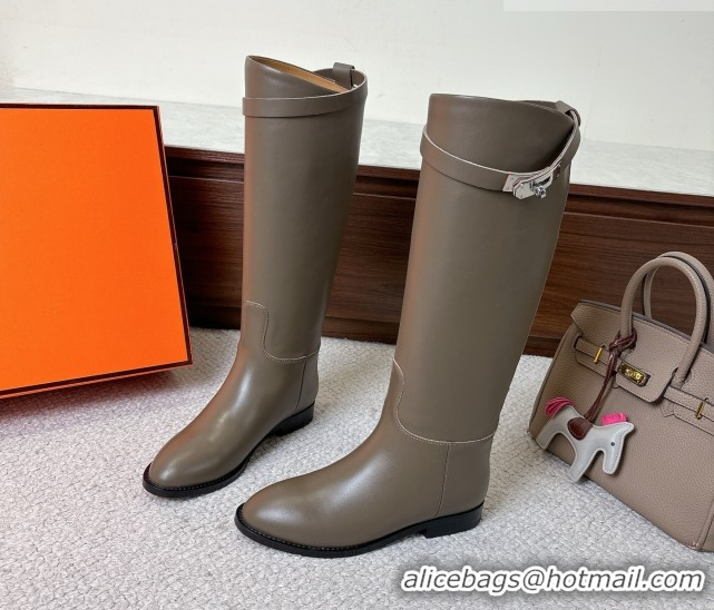Modern Hermes Jumping High Flat Boots in Calfskin Leather with Kelly Buckle Strap H102302 Grey 2026