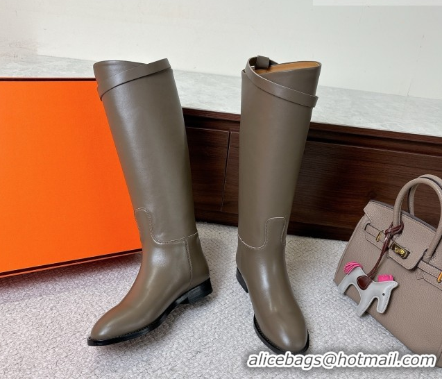Modern Hermes Jumping High Flat Boots in Calfskin Leather with Kelly Buckle Strap H102302 Grey 2026