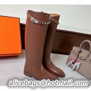 Durable Hermes Jumping High Flat Boots in Calfskin Leather with Studded Kelly Buckle Strap H102302 Brown 2026