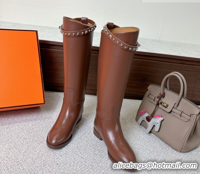 Durable Hermes Jumping High Flat Boots in Calfskin Leather with Studded Kelly Buckle Strap H102302 Brown 2026