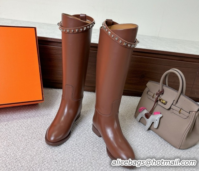 Durable Hermes Jumping High Flat Boots in Calfskin Leather with Studded Kelly Buckle Strap H102302 Brown 2026