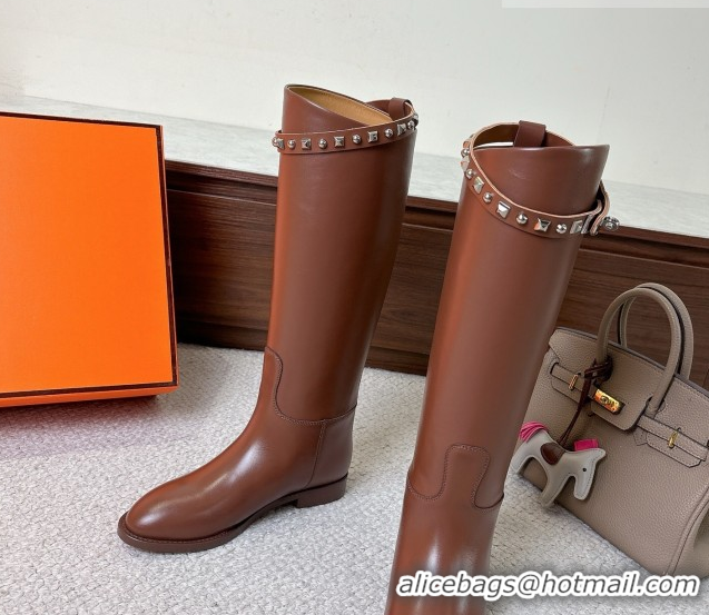Durable Hermes Jumping High Flat Boots in Calfskin Leather with Studded Kelly Buckle Strap H102302 Brown 2026