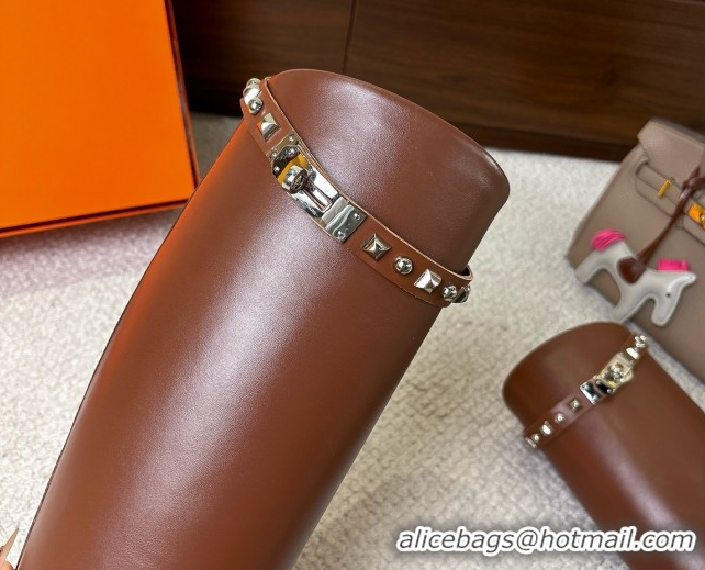 Durable Hermes Jumping High Flat Boots in Calfskin Leather with Studded Kelly Buckle Strap H102302 Brown 2026