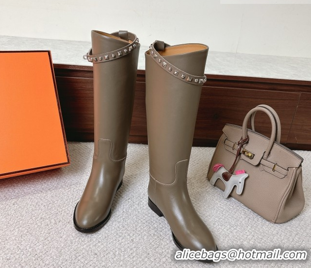 Feminine Hermes Jumping High Flat Boots in Calfskin Leather with Studded Kelly Buckle Strap Grey 1220027 2026