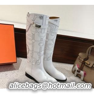 Shop Duplicate Hermes Jumping High Flat Boots in Embroidered Calfskin with Kelly Buckle Strap White H252158 2026