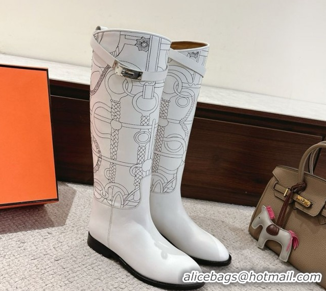 Shop Duplicate Hermes Jumping High Flat Boots in Embroidered Calfskin with Kelly Buckle Strap White H252158 2026
