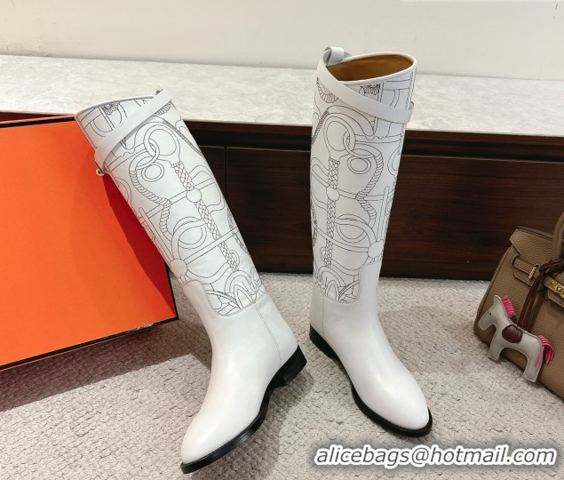 Shop Duplicate Hermes Jumping High Flat Boots in Embroidered Calfskin with Kelly Buckle Strap White H252158 2026
