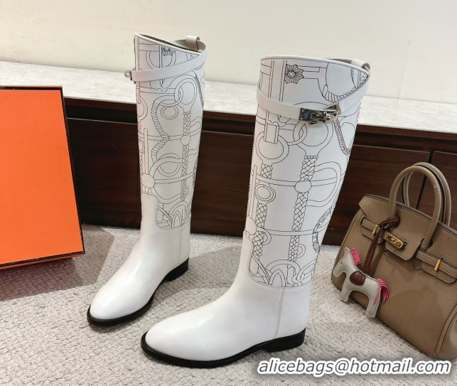 Shop Duplicate Hermes Jumping High Flat Boots in Embroidered Calfskin with Kelly Buckle Strap White H252158 2026
