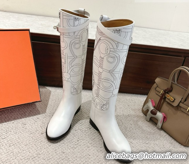 Shop Duplicate Hermes Jumping High Flat Boots in Embroidered Calfskin with Kelly Buckle Strap White H252158 2026