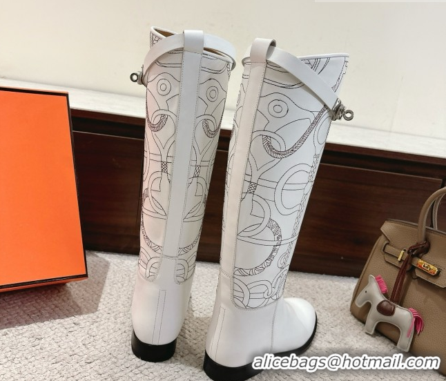 Shop Duplicate Hermes Jumping High Flat Boots in Embroidered Calfskin with Kelly Buckle Strap White H252158 2026