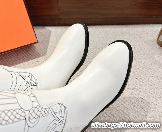 Shop Duplicate Hermes Jumping High Flat Boots in Embroidered Calfskin with Kelly Buckle Strap White H252158 2026