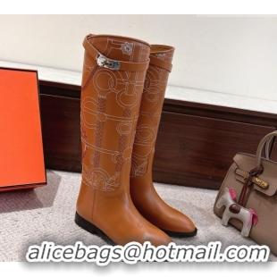 Popular Style Hermes Jumping High Flat Boots in Embroidered Calfskin with Kelly Buckle Strap H252158 Tan Brown 2026
