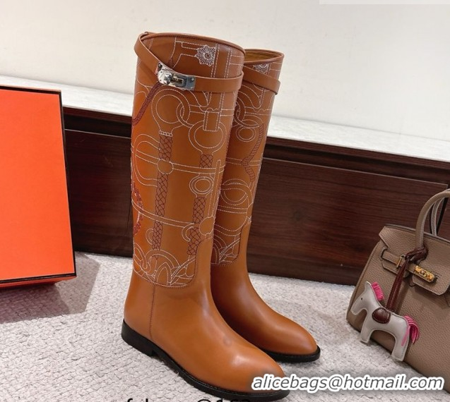 Popular Style Hermes Jumping High Flat Boots in Embroidered Calfskin with Kelly Buckle Strap H252158 Tan Brown 2026