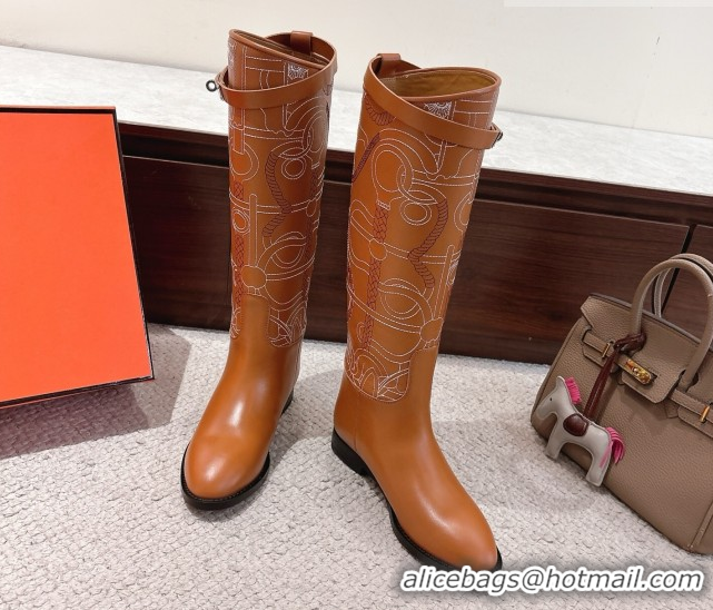 Popular Style Hermes Jumping High Flat Boots in Embroidered Calfskin with Kelly Buckle Strap H252158 Tan Brown 2026