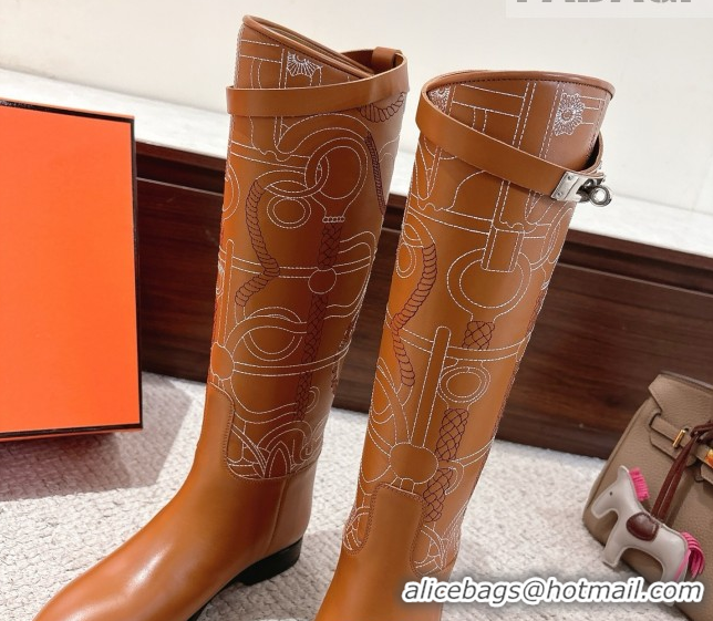 Popular Style Hermes Jumping High Flat Boots in Embroidered Calfskin with Kelly Buckle Strap H252158 Tan Brown 2026