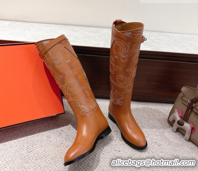 Popular Style Hermes Jumping High Flat Boots in Embroidered Calfskin with Kelly Buckle Strap H252158 Tan Brown 2026