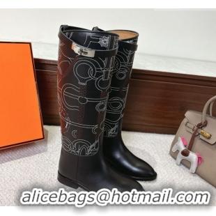 Good Quality Hermes Jumping High Flat Boots in Embroidered Calfskin with Kelly Buckle Strap H252158 Black 2026