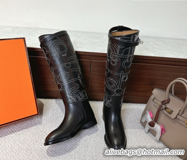 Good Quality Hermes Jumping High Flat Boots in Embroidered Calfskin with Kelly Buckle Strap H252158 Black 2026