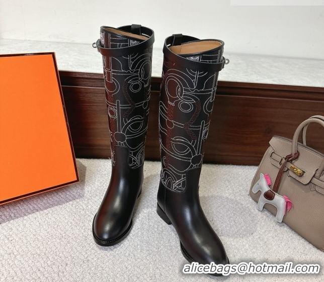 Good Quality Hermes Jumping High Flat Boots in Embroidered Calfskin with Kelly Buckle Strap H252158 Black 2026