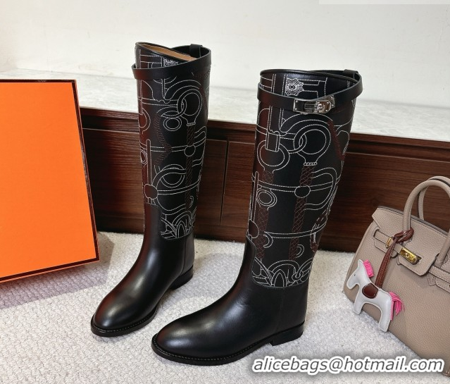 Good Quality Hermes Jumping High Flat Boots in Embroidered Calfskin with Kelly Buckle Strap H252158 Black 2026