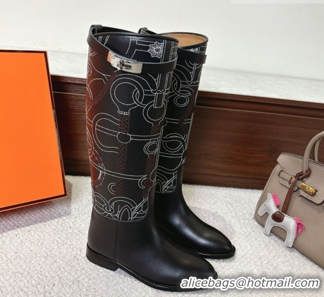 Good Quality Hermes Jumping High Flat Boots in Embroidered Calfskin with Kelly Buckle Strap H252158 Black 2026