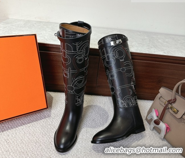 Good Quality Hermes Jumping High Flat Boots in Embroidered Calfskin with Kelly Buckle Strap H252158 Black 2026