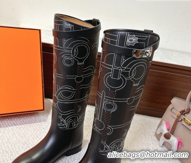 Good Quality Hermes Jumping High Flat Boots in Embroidered Calfskin with Kelly Buckle Strap H252158 Black 2026
