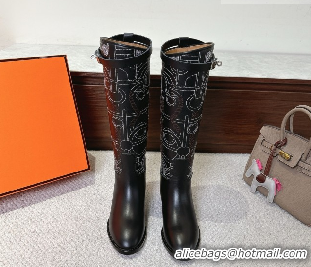 Good Quality Hermes Jumping High Flat Boots in Embroidered Calfskin with Kelly Buckle Strap H252158 Black 2026