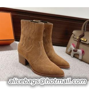 Stylish Hermes Vegas Heel Ankle Boots 6.5cm in Embroidered Suede H252196 Light Brown 2026